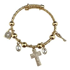 Gold Tone Rhinestone Charm Bracelet Cross Lock Key Oval Gem Bangle